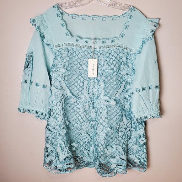 Sundance Tops - NWT Sundance Altai Gatherings Eyelet Lace Boho Embroidered Cutout Blue Linen XL
